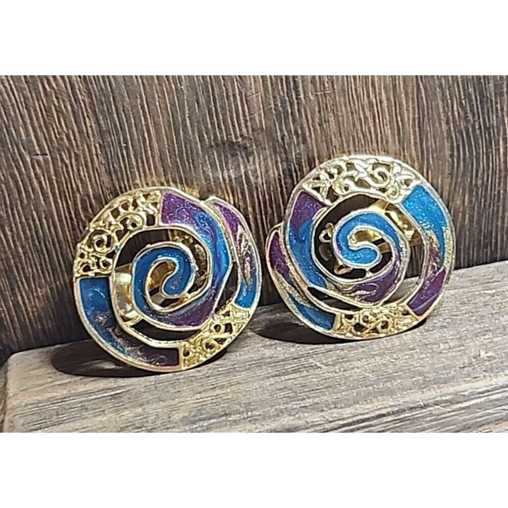 Vintage Newpro Enamel Earrings, Purple, Blue,‎ Gold Clip On Spirals, 1980s
